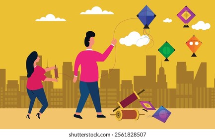 Happy Makar Sankranti background With Indian boy and girl flying kites