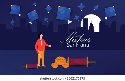 Happy Makar Sankranti background With Indian boy flying kites