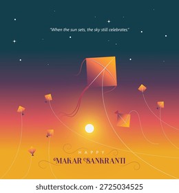 Feliz Makar Sankranti fundo com papagaios laranja voando em um céu estrelado por do sol; vetor de gradiente elegante para a colheita indiana saudações festival, cartazes, e postagens de mídia social.