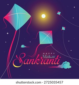 Happy Makar Sankranti background with teal and pink gradient kites flying in a starry purple night sky with a glowing moon; elegant vector illustration for Indian harvest festival greetings.