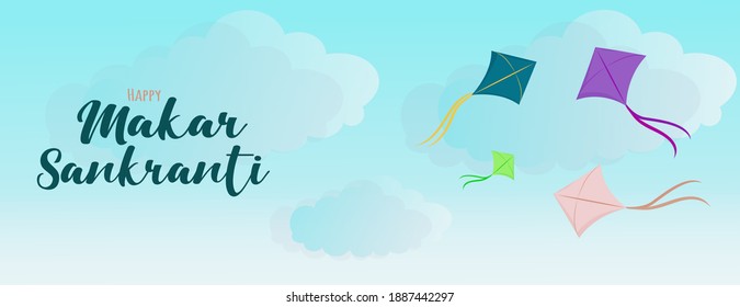 Happy Makar Sankranti banner background design with illustration of bright colorful kites with bow tail flying in sunny sky blue gradient backdrop. Vector Maghi - Hindu festival of India