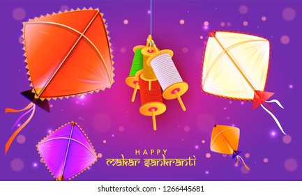 Happy Makar Sankranti banner design decorated with colourful kites and string spool on purple bokeh background for festival celebration. 