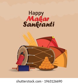 Happy makar sankranti banner or header with laddoo and beautiful kites