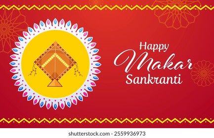 Happy Makar Sankranti Banner with Kite Circular Frame on Orange Background.