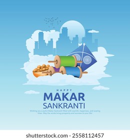 Happy Makar Sankranti Banner and Poster Design. Makar Sankranti Festival of Kites Background with Kites, Spool string and Cityscape on Clouds Vector Illustration.