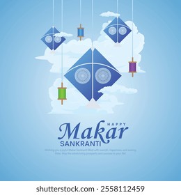 Happy Makar Sankranti Banner and Poster Design. Makar Sankranti Festival of Kites Background with Kites, Spool string and Cityscape on Clouds Vector Illustration.