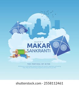 Happy Makar Sankranti Banner and Poster Design. Makar Sankranti Festival of Kites Background with Kites, Spool string and Cityscape on Clouds Vector Illustration.