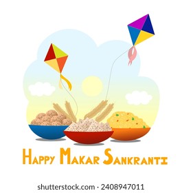 Happy Makar Sankranti also called as Uttarayan is a Indian Kite Festival. Vector showing Tilli Laddoo, Wheat and Flying Kites.