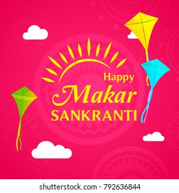 Feliz Makar Sankranti ilustración vectorial, cometas voladoras coloridas sobre fondo magenta.