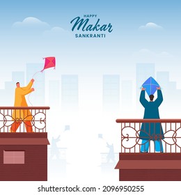 Happy Makar Sankranti Celebration Background With Cartoon Men Flying Kites On Their Roof. svg