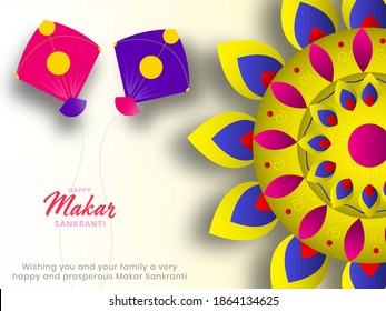 Happy Makar Sankranti Celebration Concept With Colorful Kites And Floral Rangoli On White Background.