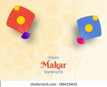 Happy Makar Sankranti Celebration Concept With Two Kites On Peach Yellow Background.