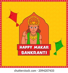 Happy Makar Sankranti Celebration Concept With Kites, Sun God Character On Yellow And Orange Background.