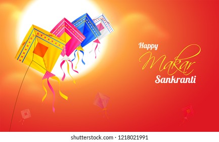 Happy Makar Sankranti celebration, illustration of colorful kites flying on sunny weather background.