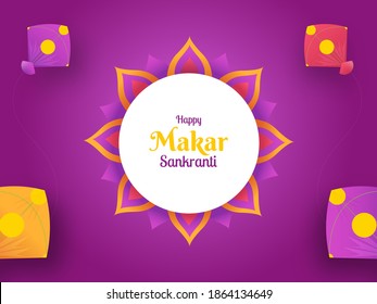 Happy Makar Sankranti Celebration Poster Design With Colorful Kites On Purple Background.