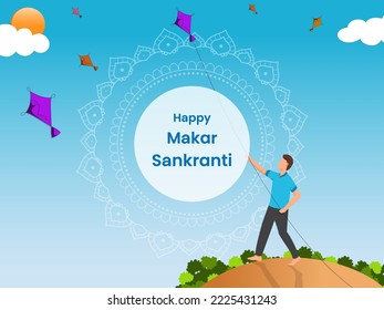 Happy Makar Sankranti Celebration Poster Design With Faceless Young Boy Flying Kite And Sun On Blue Mandala Frame Background.