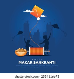 Happy makar sankranti children flying kite drawing with string spool, kite and silhouette of cityscape. Creative vector illustration.