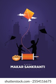 Happy makar sankranti children flying kite drawing with string spool, kite and silhouette of cityscape. Creative vector illustration.