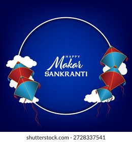 Happy Makar Sankranti Rundrahmen Design mit Drachen und Wolken auf blauem Hintergrund. Vektor eps10.