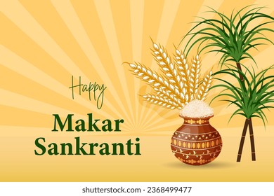 Feliz Makar Sankranti, olla de arcilla con arroz, orejas de trigo y tallos de bambú contra el fondo del sol. Tarjeta hindú de vacaciones, vector