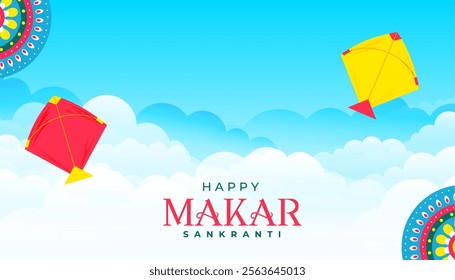 happy makar sankranti cloudy sky background with flying kites vector