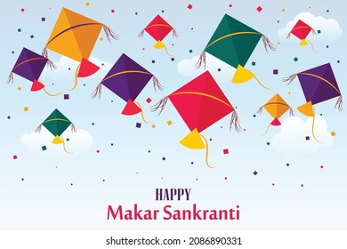 Happy Makar Sankranti, bunte Fliegenkite für das Makar Sankranti Festival Banner Poster Vektorgrafik Himmel Hintergrund