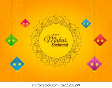 Happy makar sankranti with colorful kites hanging background