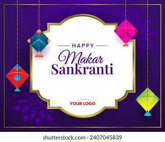 feliz makar sankranti con coloridos cometas colgantes vector