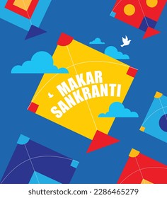 Happy Makar sankranti. Colourful kites flying in the clouds