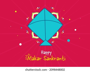 Happy Makar Sankranti Concept With Blue Kite And Rangoli Or Floral Pattern On Pink Rays Background.