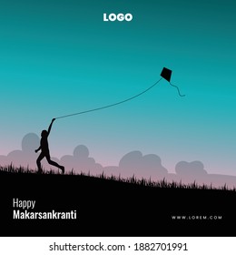 Happy Makar Sankranti Concept With Boy Flying Kite. Silhouette Of Boy Flying Kite.