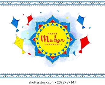 Happy Makar Sankranti Concept with Colorful Kites and Watercolor Effect on White Background.