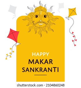 Happy Makar Sankranti Concept With Doodle Style Surya Face Character, Flying Kites On Yellow And White Background.