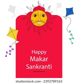 Happy Makar Sankranti Concept with Doodle Style Surya Face Character, Flying Kites On Red And White Background.
