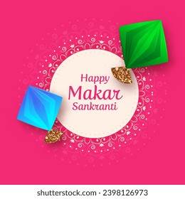 Happy Makar Sankranti Concept with Two Kite Over Circular Frame on White and Pink Background.