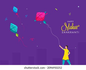 Happy Makar Sankranti Konzept mit jungen Jungen Fliegen Kite auf violettem Hintergrund.