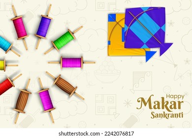 happy makar sankranti creative banner background design with latai and kite illustration