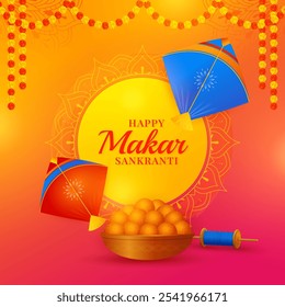 Happy makar sankranti creative banner with kite and latai, greeting card, social media post, flyer, vector illustration