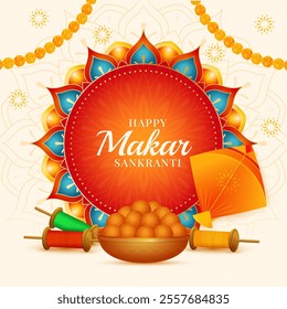 Happy makar sankranti creative banner with kites and latai, greeting card, social media post, flyer, poster, vector illustration