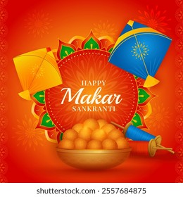 Happy makar sankranti creative banner with kites and latai, greeting card, social media post, flyer, poster, vector illustration