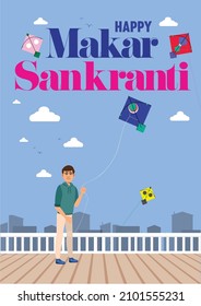 Happy makar sankranti creative illustration and kite with boy standing on terrace, celebrate the kite festival and decoration,fancy display font