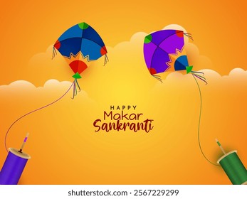 Happy Makar Sankranti cultural festival colorful kites yellow card vector