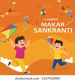 A Happy Makar Sankranti design featuring children flying colorful kites in a bright orange sky, symbolizing the festival's joyous celebration of harvest and togetherness