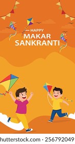 A Happy Makar Sankranti design featuring children flying colorful kites in a bright orange sky, symbolizing the festival's joyous celebration of harvest and togetherness