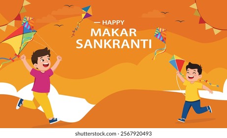 A Happy Makar Sankranti design featuring children flying colorful kites in a bright orange sky, symbolizing the festival's joyous celebration of harvest and togetherness