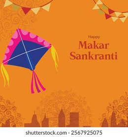 A Happy Makar Sankranti design featuring a colorful kite with festive decorations and an orange background, symbolizing the joy and cultural traditions of the harvest festival.
