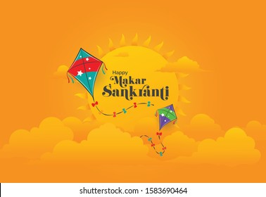 Happy Makar Sankranti Festival Background Template Decorated with Kites, Cloud and Sun