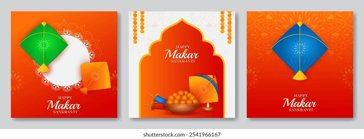 Happy makar sankranti festival background with kites flying and sweets. greeting card, social media post, vector illustration