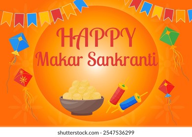 Happy Makar Sankranti festival, Background Template, Design with Kites, tilgul, bowl, flags. Vector Illustration