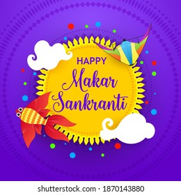 Froher Makar Sankranti Festivalbanner, Indian Maghi Grußkartendesign mit bunten Drachen und Sonne. Nepaleernte und Wintersonnenplakat mit Drachen, Schriften und Ornamenten, Vektorgrafik